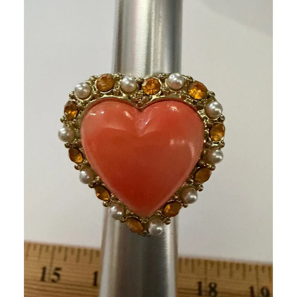 Gold Tone Coral Pink Resin Heart Statement Ring  Adjustable Cocktail Rhinestones